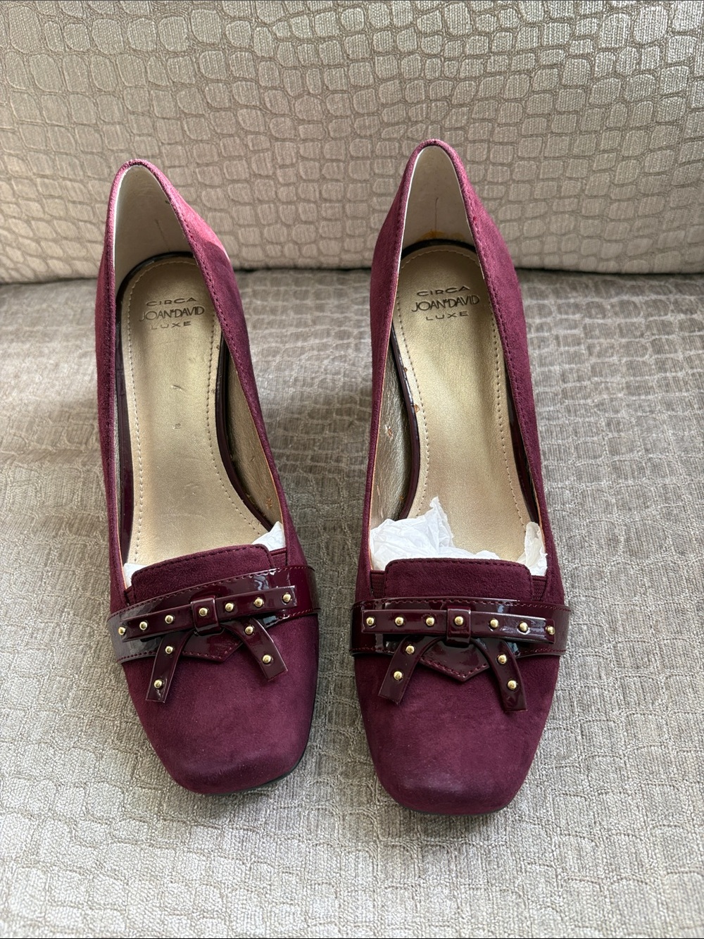 Joan & David Burgundy Suede Studded Bow Pumps